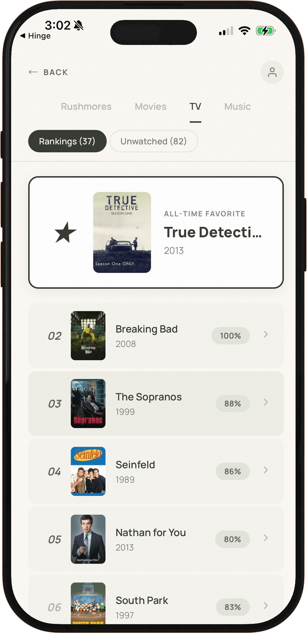 FaceOff rankings screen